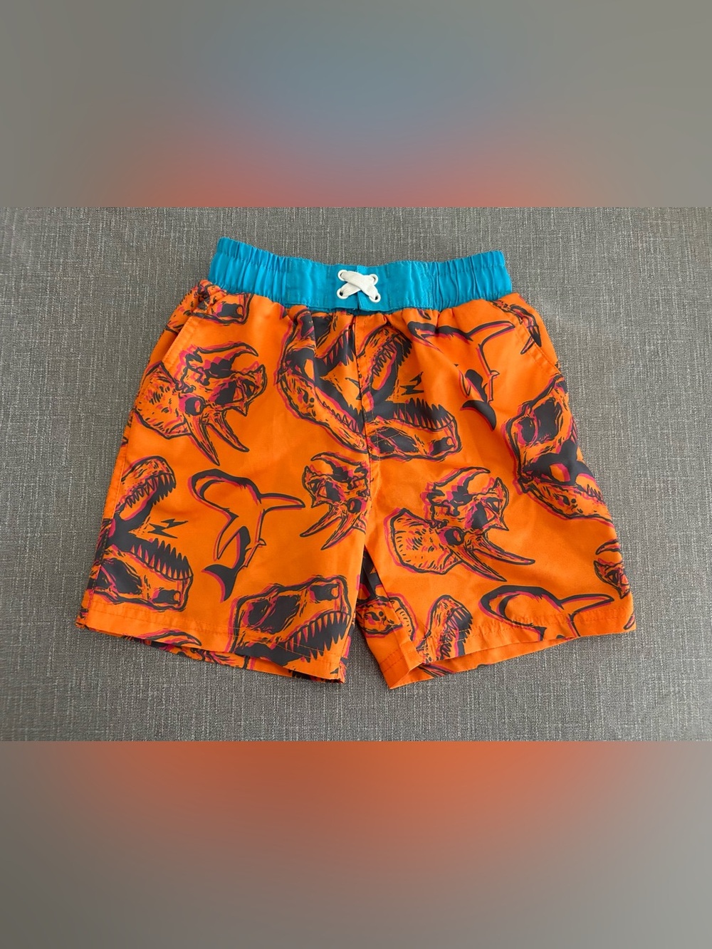 Toddler Boys Orange Dinosaur Kids Swim Shorts with Blue Waistband